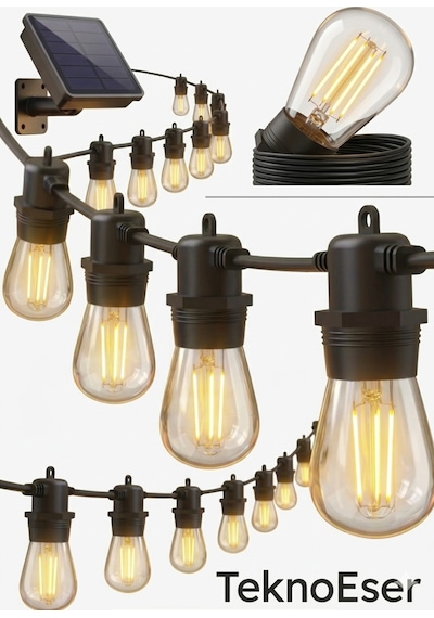 Solar Edison Ampul Zinciri 10 Metre Gunes Enerjili Dekoratif Filament Led Bahce Aydinlatma