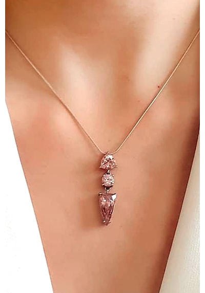 Pembe Zirkon Taşlı Gümüş Modern Kolye