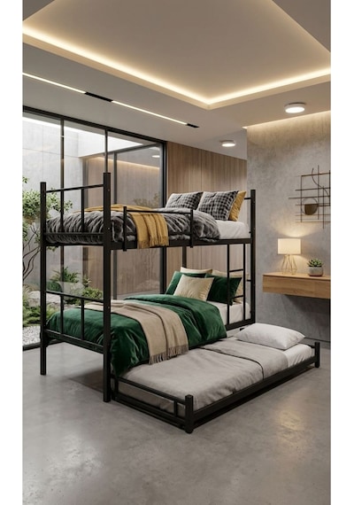 Yavrulu Ranza 90x190 Yatak Uyumlu 3 Kişilik Siyah Metal Ranza Karyola 60 x 120 CM Yavrulu Ranza 90x190 Yatak Uyumlu 3 Kişilik Siyah Metal Ranza Karyola 60 x 120 CM