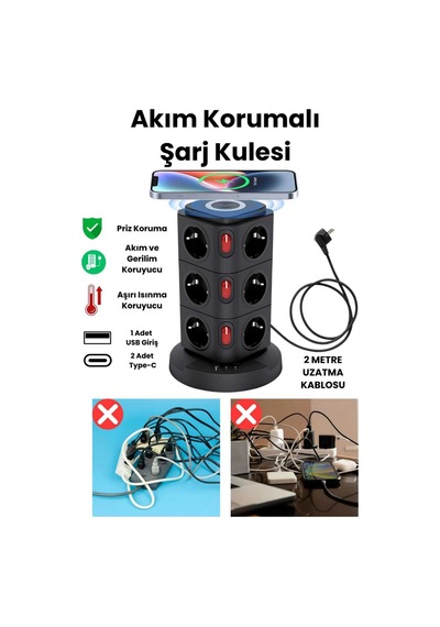 12 Prizli Güç Kulesi Akıllı Priz 3 Usb + Kablosuz Şarj 3680w Yüksek Güç