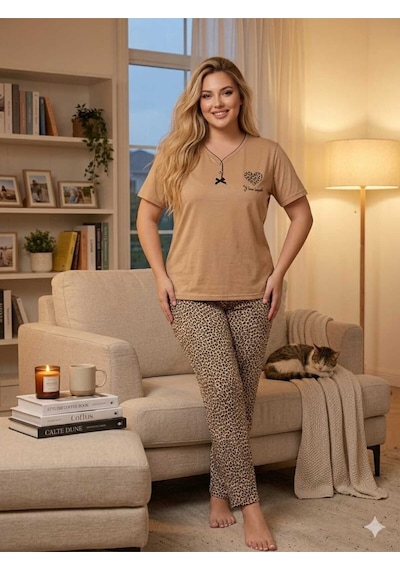 Büyük Beden Leopar Desen Kısa Kollu Likralı Penye Pijama Takımı