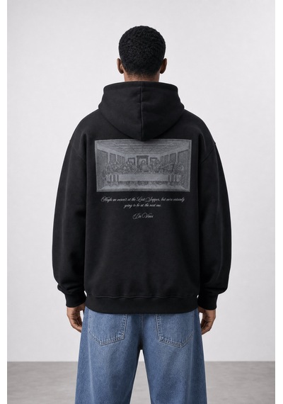 Respire Erkek Da Vinci Baskı Detaylı Oversize Hoodie Siyah