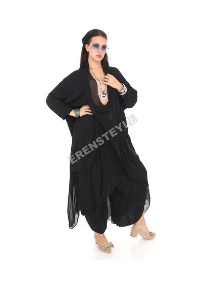Italyan Ipek Detaylı Oversize Kap Bluz- Asimetrik Pantolon Takım Siyah