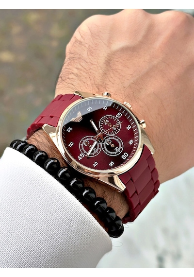 Premium Tasarım Silikon Kordon Exclusive Serisi Metal Kasa Erkek Kol Saati-bileklik Hediyeli Bordo