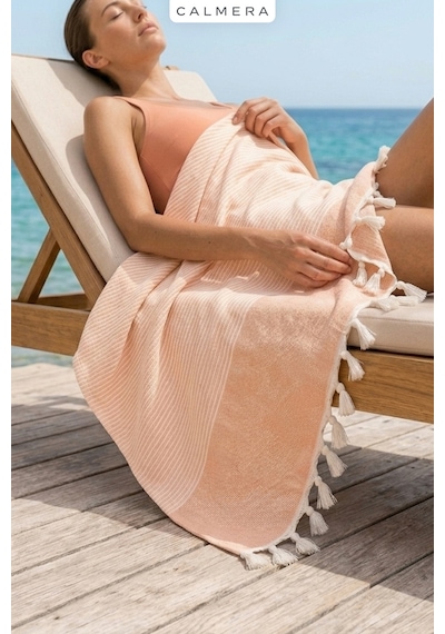Calmera Çizgili Peştemal Pamuk - Doğal Saçaklı Plaj, Deniz, Havuz, Spa, Sauna, Spor, Seyahat Havlu - Somon