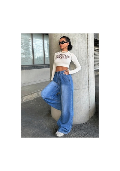 Kene Jeans Yüksek Bel Mavi Ön Arka Pensli Ön İşlemli Baggy Bol Paça Jeans Mavi