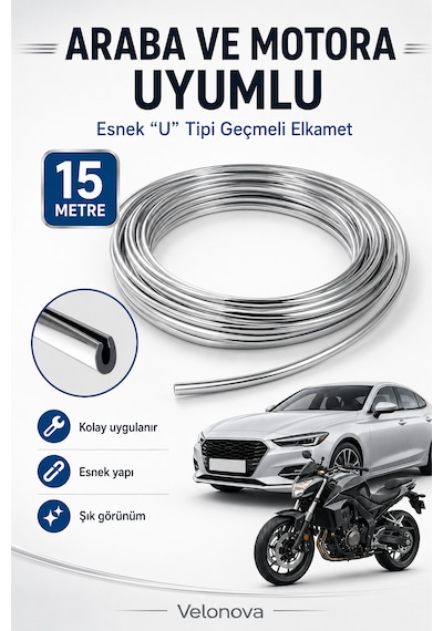 15 Metre U Tipi Elkamet Esnek Krom Kaplama Şeridi Araba Ve Motor Uyumlu