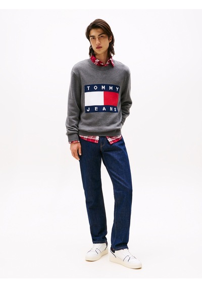 Tommy Hilfiger Tjm Reg Melange Flag Sweater Erkek Gri Kazak - Dm0dm22105 Gri