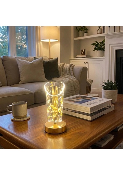 Buffer Açık Silindirik Kristal Altın Toz Model Led Masa Lambası Gold Tabanlı, Dokunmatik, 3 Renk Çok Renkli