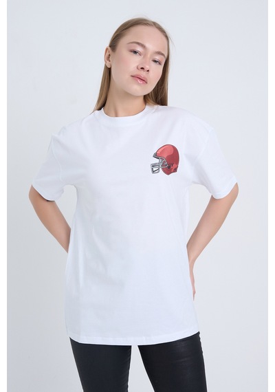 Kadın Oversize Baskılı T-shirt Beyaz Football Helmet Beyaz