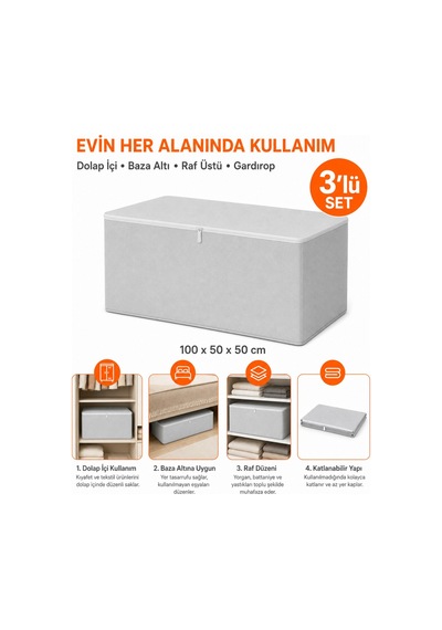 Hurç Seti Yorgan Hurcu 3 Lü Hurç Büyük Boy Battaniye Kıyafet Saklama Baza Altı Dolap İçi Organizer Gri