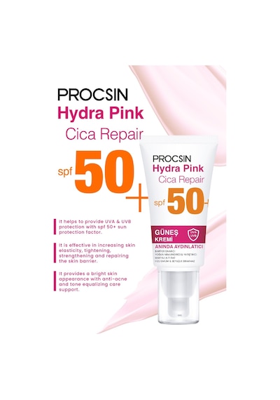 Procsin Hydra Pink Bariyer Güçlendirici Cam Cilt Renkli Güneş Kremi SPF50+ Pa++++ 50 ML