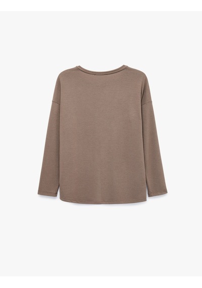 Koton Viskon Karışımlı Uzun Kollu Bisiklet Yaka Pijama Üstü Kahverengi 7wlk40067mk Kahve