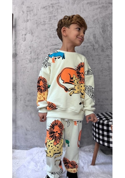 Magu Unisex Çocuk Pamuklu Krem Safari Hayvan Desenli Sweatshirt Ve Jogger Eşofman Takım Çok Renkli