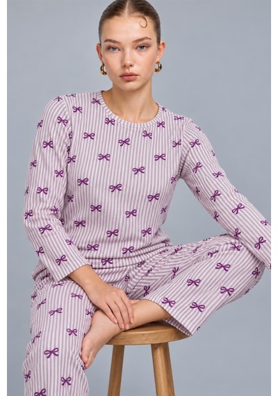 Kadın Çizgili Rahat Desenli İkili Mor Pijama Takımı 4809
