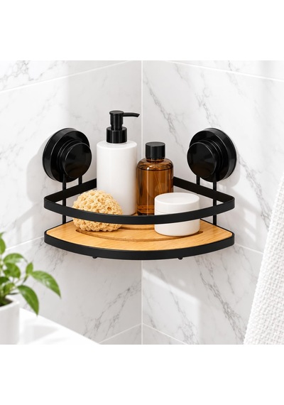 Deconox Metal Bambu Banyo Rafı Tekli Köşe, Üçgen Yapışkanlı Duş Rafı, Delmeden Duvar Tipi Şampuanlık Organizer, 17 X 20 Cm Aahşap