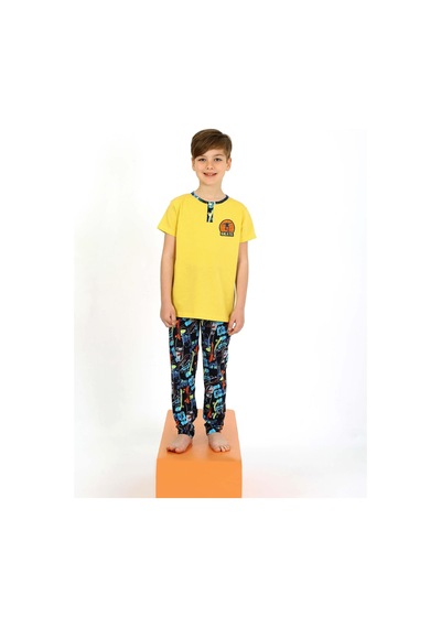 Vitmo Erkek Çocuk Kısa Kollu Düğme Detaylı %100 Pamuklu Pijama Takımı Skate Sarı