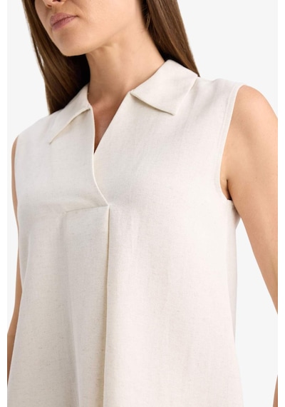Defacto Regular Fit Polo Yaka Keten Karışımlı Kolsuz Bluz F0982ax25hser37 Ekru