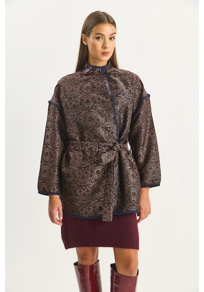 Shade Kadın Etnik Desenli Kuşaklı Oversize Kimono 4159 60283674 - Acı Kahve Kahverengi