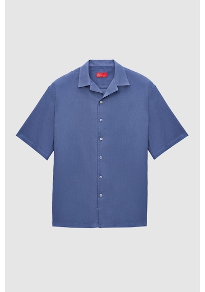 D'S Damat Ds Damat Relaxed Indigo Düz Pamuklu Keten Görünümlü Izci Yaka Yazlık Gömlek 0HC02ORT02313 İndigo