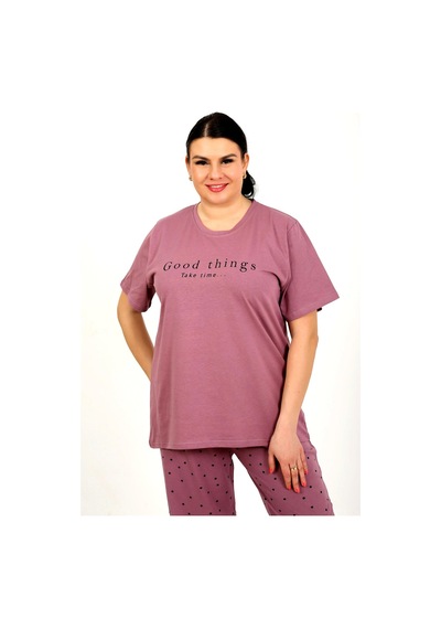 Nisanca %100 Pamuk Büyük Beden Kısa Kol Kadın Pijama Takımı Bordo