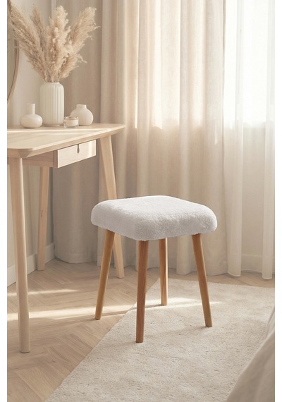 Peluş Kumaşlı Dekoratif Puf, Tabure 5983 Beyaz