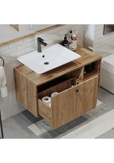 Lotus Ayaksız Lavabolu Mdf 95 Cm Çekmeceli Oval Lavabolu Banyo At Atlantik Çam