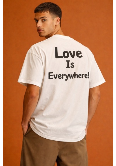 Tarz Cool Erkek Oversize Tişört "love Is Everywhere" Baskılı Basic Pamuklu T-shirt Beyaz