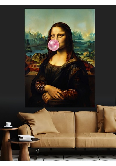 Ahşap Tablo Sakız Şişiren Mona Lisa