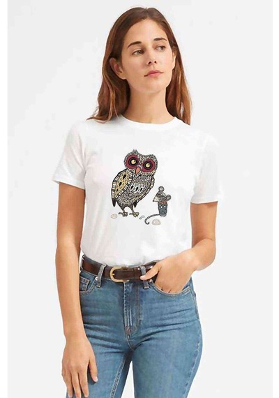 Baykuş Ve Fare Baskılı Beyaz Kadın Tshirt (534304901)