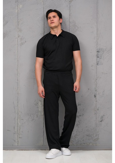 Mass Plus Regular Fit Likralı Kendinden Çizgili Yarım Baggy Pantolonlu T-shirt Takım Siyah Mass Plus Regular Fit Likralı Kendinden Çizgili Yarım Baggy Pantolonlu T-shirt Takım Siyah