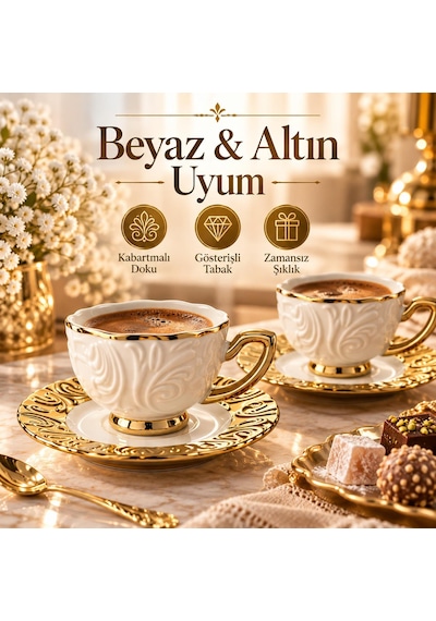 Valkyrie Hürrem Serisi 6 Kişilik 12 Parça Kahve Fincan Takımı 100ml Kabartmalı Altın Detaylı Set Beyaz Altın