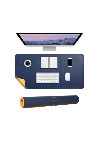 Mcstorey 60x30 Cm Lacivert Çift Taraflı Deri Desk Mat, Pu Deri Masa Koruyucu Ve Masa Sümeni, Suya Dayanıklı 2 Mm Rulo Yapılabilir Laptop Mouse Pad, Home Office İçin
