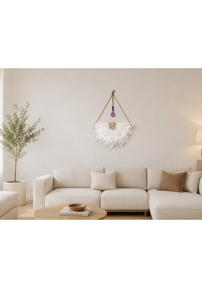 Nazar Boncuklu Melek Kanadı Duvar Dekoru Bohem Beyaz Tüylü Kapı Ve Ev Süsü 63x44 Cm