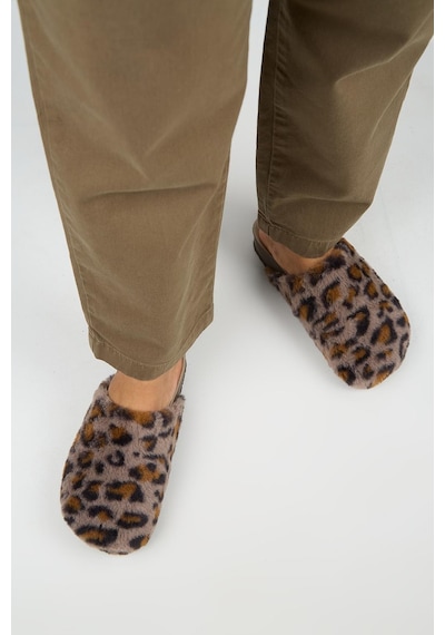 Manijero Leda Kadın Peluş Düz Vizon Leopar Terlik