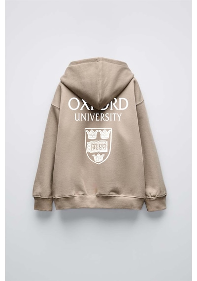 Erkek Çocuk Oxford Modelli Kol Manşetli Pamuk Kapşonlu Sweat Bej
