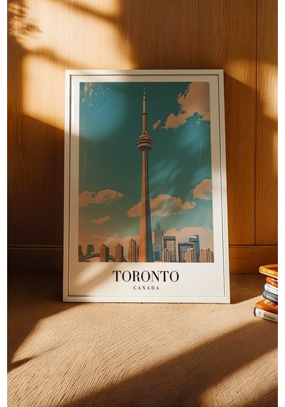 Toronto Canada Vintage Seyahat Posteri Çerçeveli Tablo - Premium Cn Tower Elit Duvar Dekoru Beyaz