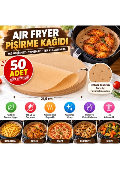 Bezos 50 Adet Air Fryer Pişirme Kağıdı Yağ Geçirmez 21,5 Cm Yuvarlak Model Xxl Model Uyumlu Nhr