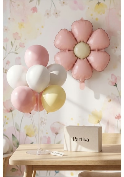 Papatya Mat Pudra Pembe Retro Balon Stand Seti Şeffaf 7 Li Stand + Papatya Folyo Balon + 7 Lateks Balon