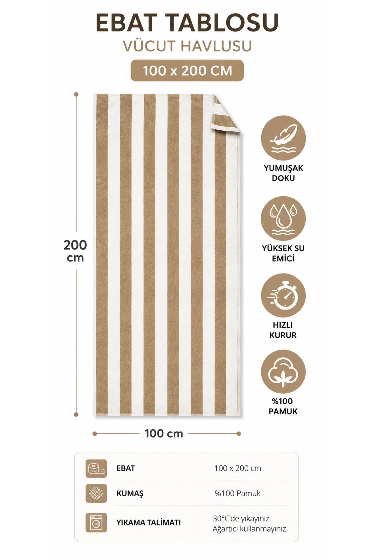 100x200 Çizgili Plaj Havlusu %100 Pamuk Yumuşak Dokulu Yüksek Su Emici Hızlı Kuruyan Büyük Boy Plaj Ve Banyo Havlusu Bej-beyaz Açık Bej - Beyaz