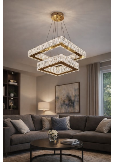 2 Li Modern Kare Taşlı Sarkıt Led Avize Gold