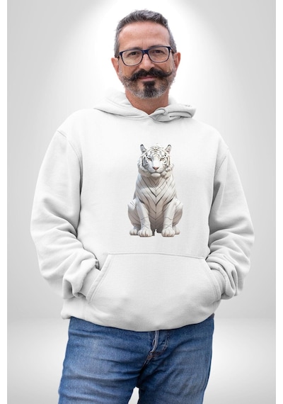 Beyaz Kaplan Kadın Erkek Beyaz Kapüşonlu Sweatshirt Hoodie Beyaz