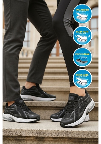 Walkway Siyah Beyaz Fileli Hafif Esnek Hafızalı Taban Unisex Spor Ayakkabı Ruth G Siyah - Beyaz