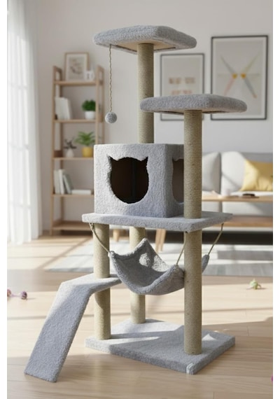 S9 Kedi Tırmalama Kulesi Platformlu 124 Cm Gri