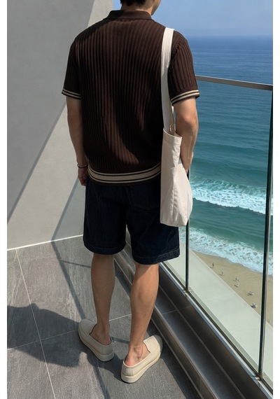 Tarz Cool Oversize Fit Çizgili Triko Polo Yaka Erkek Tişört Ribana Dokulu Premium Yazlık Model Kahverengi