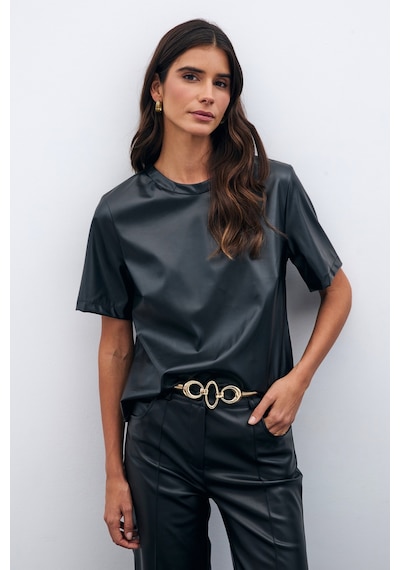 Sateen Kısa Kol Deri Bluz - Siyah-135522 Siyah