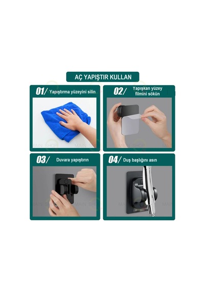 Mainshop Kolay Kurulum, Matkap Gerektirmeyen Duş Başlığı Tutacağı Çift Kancalı M-049 Siyah