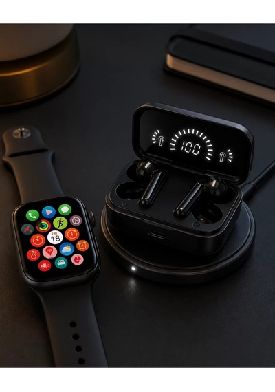Spor Ve Günlük Kullanıma Uygun Akıllı Saat Ve Bluetooth Kulaklık Seti Yüksek Siyah