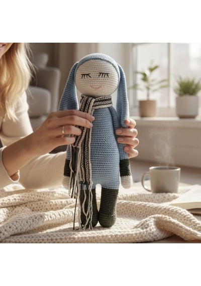 Uyuyan Oyuncak Tavşan El İşi %100 Pamuk Amigurumi Oyuncak Mavi