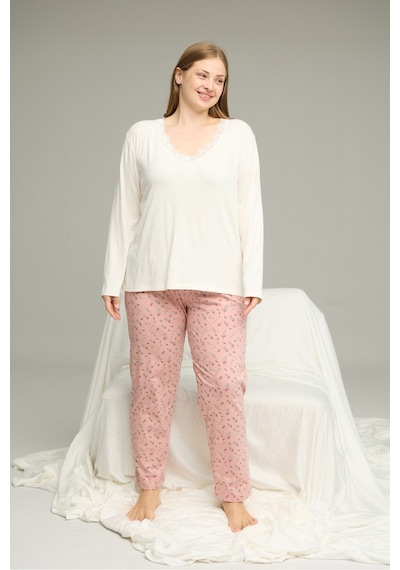 Siyah İnci Curve Büyük Beden Battal Boy Pamuklu Pijama Takım25240866 Ekru